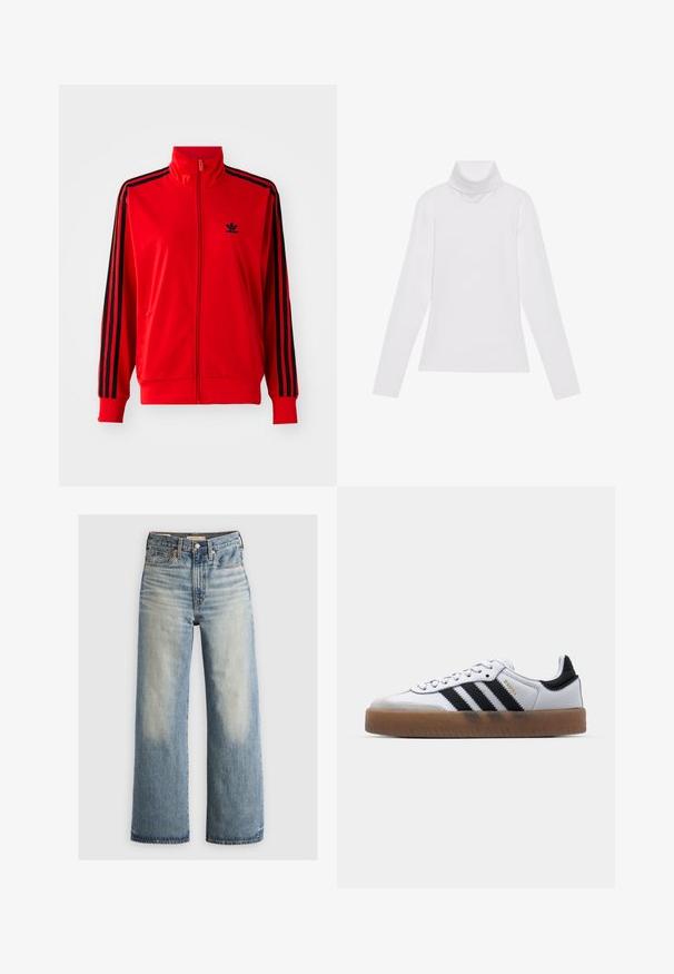 Punane tõmbluku pusa, mis on valmistatud siledast kangast, mustade külgribadega, kõrgema kraega ja väikese musta logoga rinnal.; Valge pikkade varrukate turtleneck-särk, mis on valmistatud siledast ja venivast kangast. Omab kõrget kraed ja keha lähedast lõiget, ilma nähtavate mustrite või kaunistusteta.; Sinine denim laiade jalgadega teksapüksid, millel on hele pesu, kõrge vöökoht, viie tasku disain ja messingist riistvara. Pleekinud aktsendid ees ja taga.; Valged nahast tossud mustade triipudega, kummist välistald, ümmargune nina, seotud sulgemine ja pehme hall suede ninaosa.