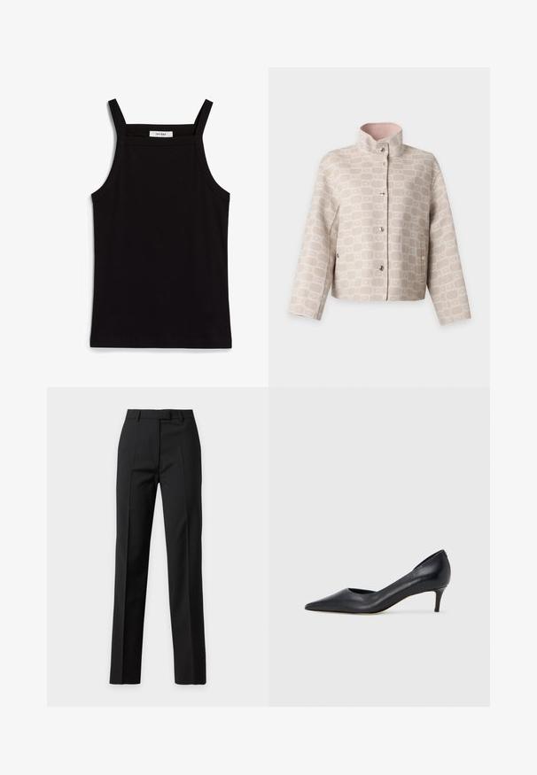 Veste beige clair à motifs, col montant, manches longues, boutons-pression devant et poches latérales, présentée à plat sur fond blanc.; Débardeur noir à fines bretelles, en tissu côtelé, avec une coupe droite et une étiquette au niveau du col indiquant "IVY OAK."; Pantalon formel noir droit avec pli sur le devant, taille avec passants de ceinture et fermeture avant dissimulée.; Escarpin en cuir noir avec un bout pointu et un talon bas. Présente une texture lisse et un éclat subtil. Découpe ouverte à l'avant pour un détail supplémentaire.