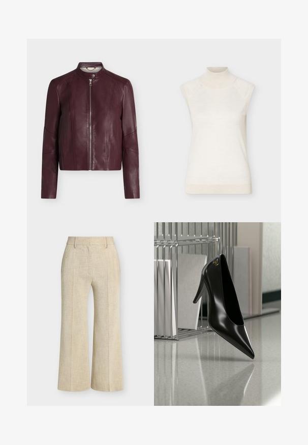Veste en cuir bordeaux à manches longues, fermeture éclair devant et col à bouton-pression, présentée sur un fond blanc uni.; Pull sans manches à col roulé crème avec col et ourlet côtelés, présenté sur un fond clair uni.; Pantalon beige à jambes larges avec passants de ceinture, plis devant et finition en tissu texturé.; Chaussure noire à talon haut avec bout pointu et logo doré, posée sur une surface réfléchissante près d'un organiseur de dossiers en fil chromé contenant des documents.