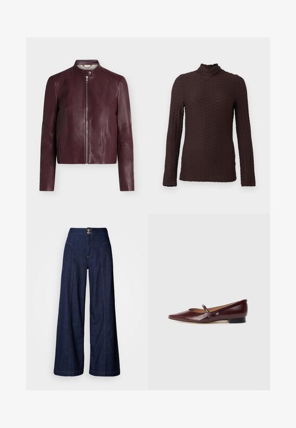 Veste en cuir bordeaux à manches longues, fermeture éclair devant et col à bouton-pression, présentée sur un fond blanc uni.; Haut à col roulé texturé marron foncé à manches longues avec un motif géométrique subtil, présenté sur un fond clair uni.; Jean à jambes larges en denim foncé avec des surpiqûres orange contrastantes, deux poches avant et une fermeture à double bouton à la taille.; Chaussure plate en cuir verni bordeaux avec un bout pointu et une sangle décorative sur le cou-de-pied. Présente un petit talon noir.