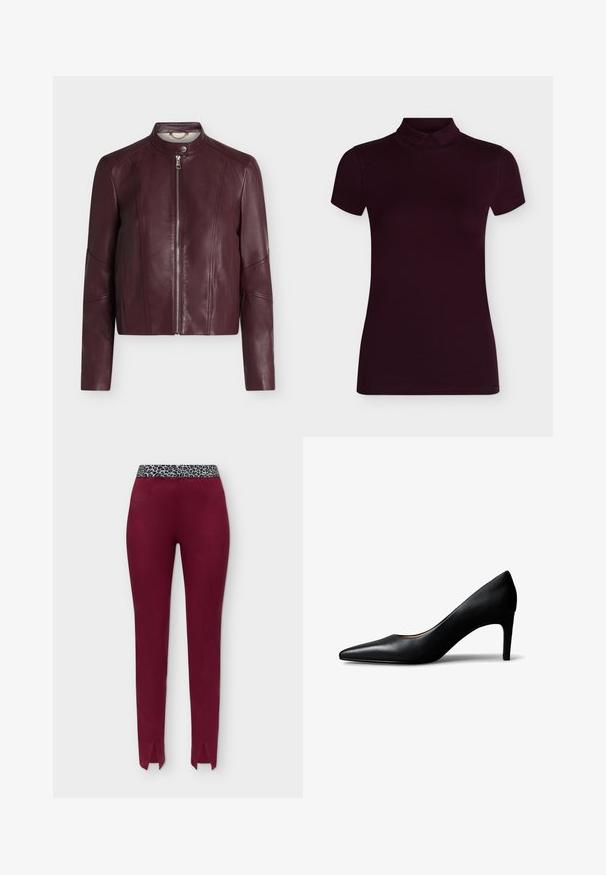 Veste en cuir bordeaux à manches longues, fermeture éclair devant et col à bouton-pression, présentée sur un fond blanc uni.; Top à manches courtes, ajusté, col roulé violet foncé avec un petit col, présenté sur un fond clair uni.; Pantalon slim bordeaux avec fentes sur le devant des jambes et une ceinture élastique imprimé léopard sur fond uni.; Escarpin pour femme en cuir noir à bout pointu avec talon moyen, présenté de profil sur un fond blanc.