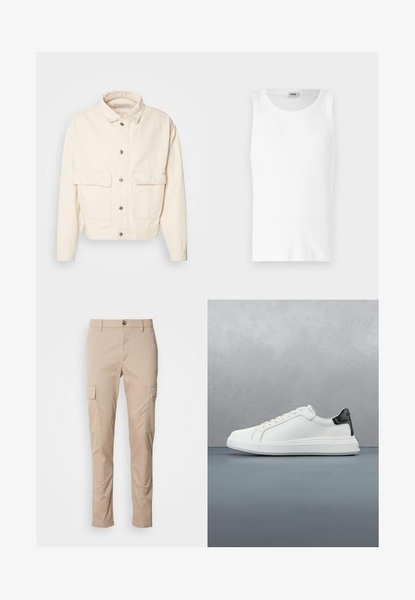 Veste en coton couleur crème avec un col, des boutons sur le devant, deux grandes poches poitrine et des manches longues. Texture lisse et design court.; Débardeur en coton blanc sans manches avec un col rond et une texture lisse. Design simple, sans motifs ni accents.; Pantalons cargo beiges avec deux poches latérales, coupe ajustée, fabriqués en tissu léger, dotés d'une fermeture à bouton sur le devant et de passants de ceinture.; Baskets blanches avec une tige en cuir lisse et un accent de talon noir contrastant. Caractéristiques des lacets plats et une semelle en caoutchouc texturé.