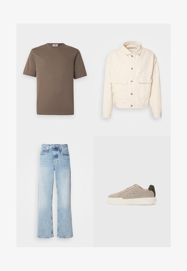 Veste en coton couleur crème avec un col, des boutons sur le devant, deux grandes poches poitrine et des manches longues. Texture lisse et design court.; T-shirt en coton marron à manches courtes, col rond et texture lisse. Présente un ourlet droit et un design minimaliste.; Jean large bleu clair à taille haute, avec une finition délavée, des passants de ceinture et un design classique à cinq poches. L'ourlet est brut.; Baskets en suède beige avec une semelle en caoutchouc blanche, présentant un accent de talon vert foncé et une branding subtile sur le côté.