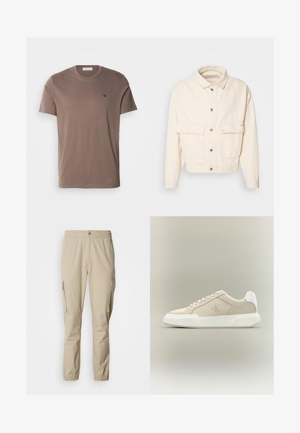 Veste en coton couleur crème avec un col, des boutons sur le devant, deux grandes poches poitrine et des manches longues. Texture lisse et design court.; T-shirt en coton marron avec un col rond, des manches courtes et un petit logo noir sur la poitrine gauche. Texture lisse et couleur unie.; Pantalons cargo beiges avec une taille élastique, fermeture à bouton, poches latérales et poignets élastiques aux chevilles, fabriqués en tissu léger.; Basket basse beige avec semelle blanche épaisse, lacets, languette blanche au talon et logo CK discret sur le panneau latéral.