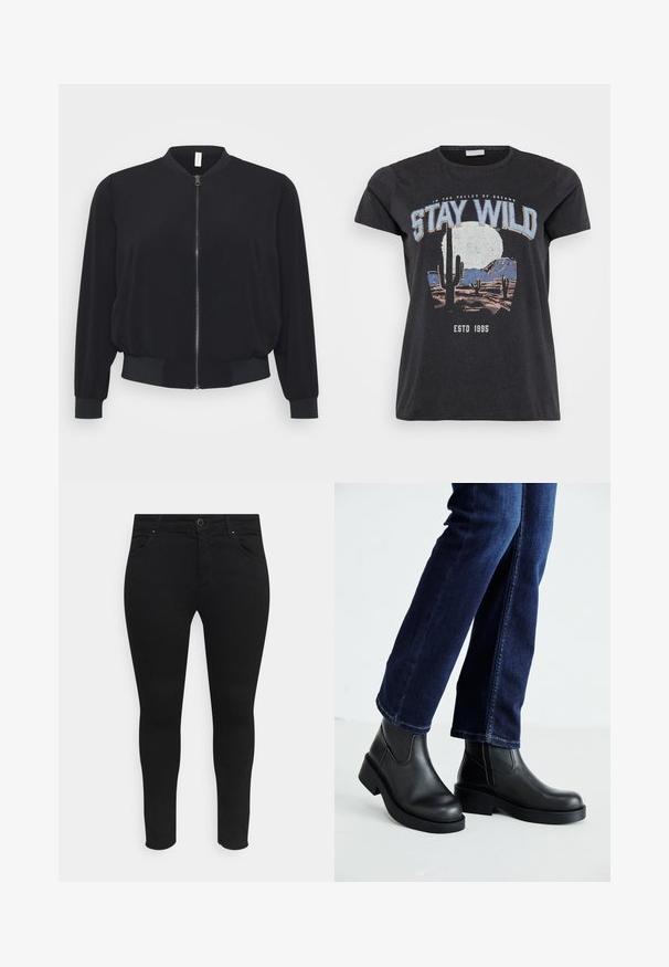 Chaqueta bomber negra hecha de un tejido ligero, con cremallera frontal, puños y dobladillo acanalados, y un diseño clásico de cuello redondo.; Camiseta de algodón negra con un estampado gráfico de una escena del desierto con cactus, una luna y la frase "MANTENTE SALVAJE" en letras azules.; Vaqueros skinny negros hechos de una tela elástica, con bolsillos delanteros, cierre de botón y un diseño elegante sin patrones ni adornos visibles.; Botas de tobillo de cuero negro con suela gruesa y paneles elásticos laterales, combinadas con jeans azul oscuro. El suelo es de color claro.