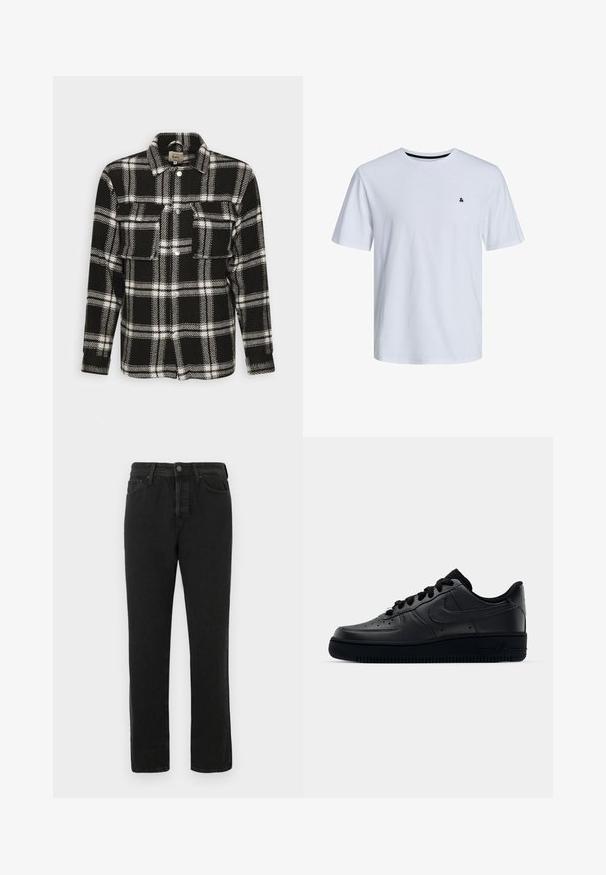 Sort-hvid ternet flannel skjorte med lange ærmer, knaplukning, to forlommer og klassisk krave. Blød tekstur.; Hvid bomulds T-shirt med korte ærmer, rund halsudskæring og et lille sort accentlogo på venstre brystområde.; Sorte lige ben denim jeans med frontknap og lynlås, bælte løkker og fem-lomme design, vist på hvid baggrund.; Sort Nike Air Force 1 sneaker med en glat læderoverdel, perforeret tå for åndbarhed, sorte snørebånd og en textured gummisål.