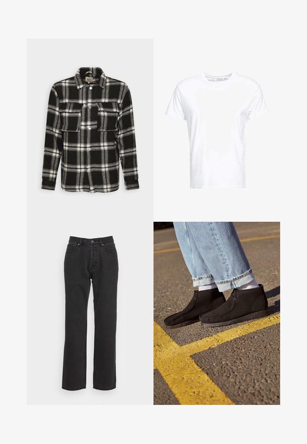 Sort-hvid ternet flannel skjorte med lange ærmer, knaplukning, to forlommer og klassisk krave. Blød tekstur.; Hvid bomulds t-shirt med rund halsudskæring og korte ærmer, i en klassisk pasform og glat tekstur. Ingen mønstre eller hardware synlige.; Sorte denim jeans med lige ben-design, med lukning foran ved knap, bæltestropper og to sidelommer. Tekstureret stof.; Sorte suede ankelstøvler med en glat overflade, buet tå og syede detaljer. Kombination med lyseblå buksere jeans med opfoldede manchetter og hvide sokker.
