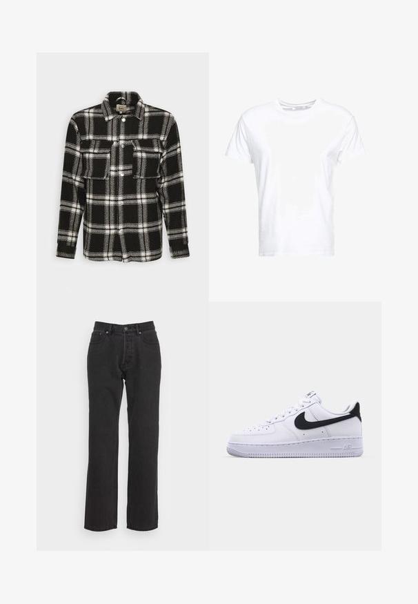 Camisa de franela a cuadros en blanco y negro con mangas largas, cierre de botones, dos bolsillos frontales y un cuello clásico. Textura suave.; Camiseta de algodón blanca con cuello redondo y mangas cortas, con un corte clásico y una textura suave. Sin patrones ni elementos metálicos visibles.; Jeans de denim negro con un diseño de pierna recta, que cuentan con un cierre de botón frontal, lazos para cinturón y dos bolsillos laterales. Tejido texturizado.; Zapatilla blanca de cuero con un Swoosh negro texturizado, cordones planos y una suela de goma con un patrón estriado. "AIR" está grabado en el talón.
