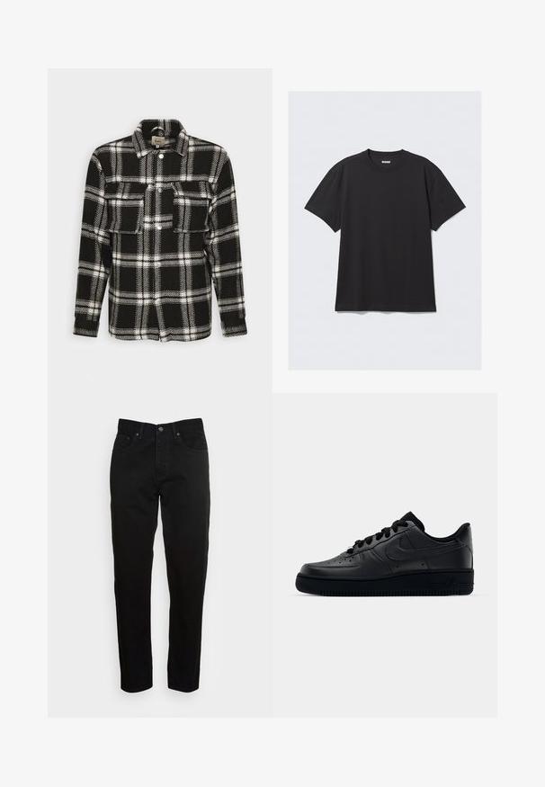 Schwarz-weißer kariert gestreifter Flanellhemd mit langen Ärmeln, Knopfverschluss, zwei Fronttaschen und klassischem Kragen. Weiche Textur.; Schwarzes T-Shirt mit kurzen Ärmeln aus Baumwolle. Hat einen Rundhalsausschnitt und eine lockere Passform. Einfaches Design ohne sichtbare Muster oder Akzente.; Schwarze Slim-Fit-Jeans mit vorderem Knopfverschluss und fünf Taschen-Design, vor einem schlichten hellgrauen Hintergrund präsentiert.; Schwarzer Nike Air Force 1 Schuh mit einem glatten Lederoberteil, perforierter Zehenpartie für Atmungsaktivität, schwarzen Schnürsenkeln und einer strukturierten Gummisohle.