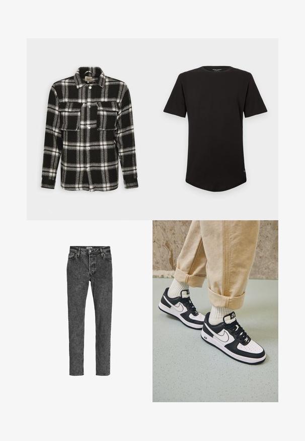 Sort-hvid ternet flannel skjorte med lange ærmer, knaplukning, to forlommer og klassisk krave. Blød tekstur.; Sort kortærmet T-shirt med rund hals og buet nederste kant, samt et lille logo-tag nær side sømmet i bunden.; Jack & Jones Relaxed Fit JJICHRIS JJORIGINAL SQ 734 - Jeans Tapered Fit - black denim; Sorte og hvide Nike Air Force 1 sneakers med læderoverdel, perforeret tå og tekstureret såldetalje, båret med rullede beige bukser og hvide sokker.
