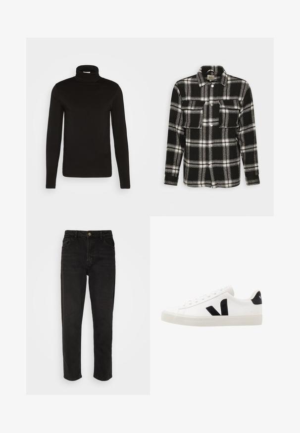 Sort-hvid ternet flannel skjorte med lange ærmer, knaplukning, to forlommer og klassisk krave. Blød tekstur.; Sort turtleneck langærmet skjorte lavet af et glat stof med en tætsiddende design og en høj, tætsiddende krave. Ingen mønstre eller accenter synlige.; Sorte denim jeans med lige ben, høj talje, knaplukning og fire lommer. Har et klassisk fem-lomme design.; Hvide lædersneakers med sorte ruskindsdetaljer; har en gummisål, rund tå og klassisk snørebåndsdesign. Side logo i sort.