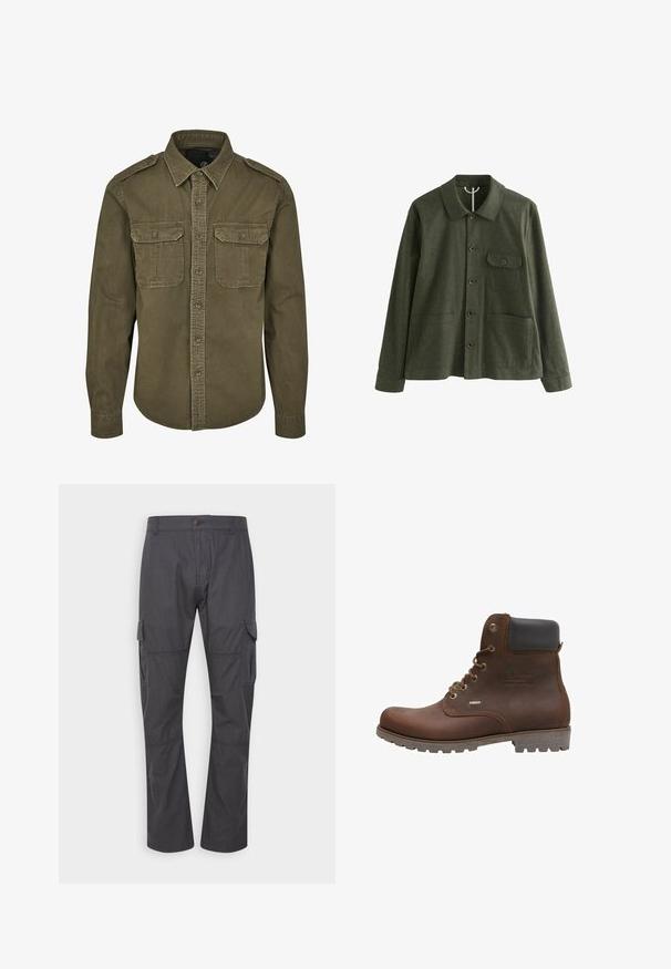 Chaqueta abotonada verde oliva con cuello, un bolsillo en el pecho abotonado y dos bolsillos frontales inferiores.; Camisa verde oliva de botones hecha de algodón. Cuenta con un cuello, dos bolsillos en el pecho con solapas y hombros estructurados con costuras visibles.; Pantalones cargo gris oscuro con corte recto, que cuentan con bolsillos laterales, un cierre de botón sencillo y detalles de costura reforzada.; Botín de cuero marrón con acentos negros, ojales metálicos, diseño de cordones, suela texturizada y detalle impermeable en el lateral.