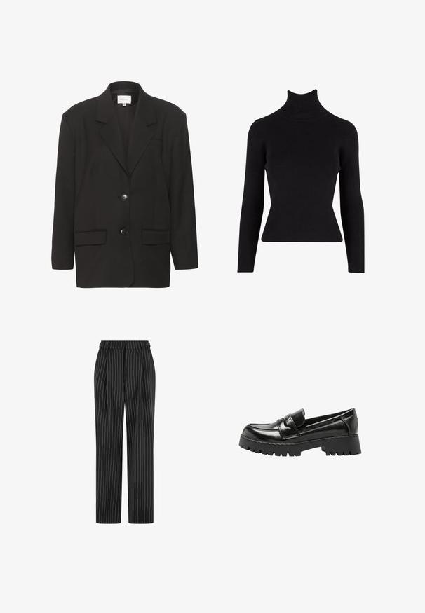 Schwarze Blazer mit Reverskragen, zwei Taschen vorne und zwei Knöpfen. Glattes Material mit taillierter Passform und strukturierten Schultern.; Schwarzer gerippter Rollkragenpullover mit langen Ärmeln, figurbetonter Silhouette, strukturiertem Stoff und hohem Kragen.; Schwarze Nadelstreifenhose mit hoher Taille, gefaltetem Vorderteil und geradem Bein. Der Stoff wirkt strukturiert und ist maßgeschneidert für einen formellen Look.; Schwarzer Lederloafer mit grober Profilsohle und niedrigem Absatz, mit einem Riemen über dem Spann und Mokassin-Design.