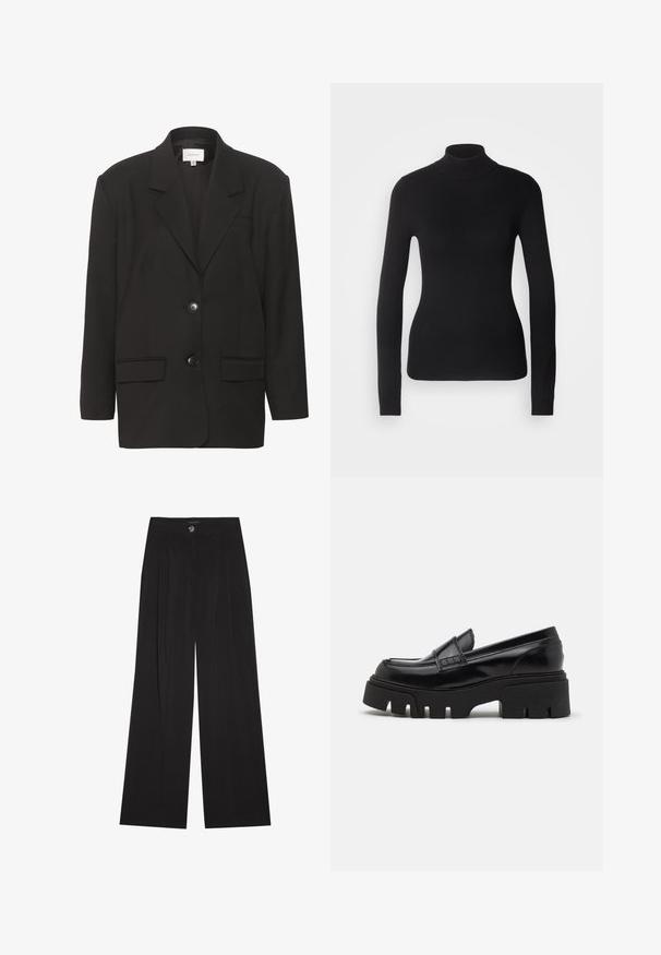 Blazer negro con solapas muesca, dos bolsillos frontales y dos botones. Tejido suave con un ajuste entallado y hombros estructurados.; Suéter negro de cuello alto hecho de un tejido de punto ligero. Presenta mangas largas, un diseño ajustado y una suave textura acanalada.; Pantalones negros de pierna ancha confeccionados en tela suave, con cintura alta, pliegues frontales y cierre con un solo botón. Textura suave y diseño elegante a medida.; Mocasines de cuero negro con una suela de plataforma gruesa y texturizada, y una correa decorativa en la parte superior. Acabado liso y brillante.