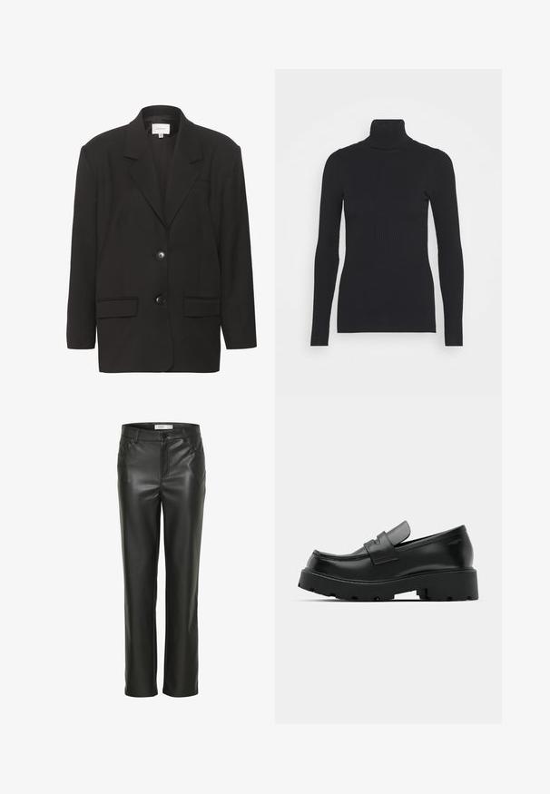 Veste noire, avec revers en dent de scie, deux poches avant et deux boutons. Tissu lisse avec une coupe ajustée et des épaules structurées.; Pull noir à col roulé côtelé, doté de longues manches et d'une silhouette près du corps. La texture est lisse avec un motif de côtes horizontal.; Pantalons en cuir noir avec une coupe droite, dotés de poches avant et d'une fermeture à bouton. Texture lisse avec une apparence élégante.; Mocassins en cuir noir avec une semelle épaisse et texturée, dotés d'une sangle sur le vamp et d'une finition lisse et polie.