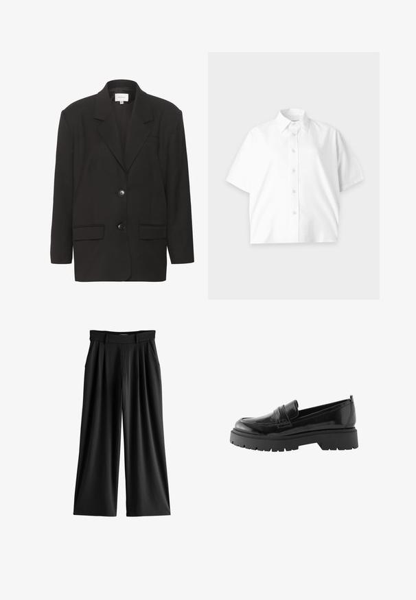 Sort blazer med sbobetter, to forlommer og to knapper. Glat stof med en skræddersyet pasform og strukturerede skuldre.; Hvid kortærmet skjorte med knapper og krave, enkelt design og diskret logo på brystet, vist på en lys baggrund.; Sorte bukser med brede ben, læg, sidelommer og linning med bæltestropper.; Sorte lakerede loafers har en lav platformssål med en robust træd og en quiltet detalje over midtfoden.