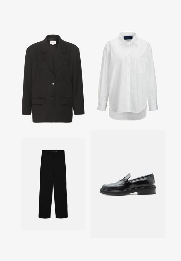 Schwarze Blazer mit Reverskragen, zwei Taschen vorne und zwei Knöpfen. Glattes Material mit taillierter Passform und strukturierten Schultern.; Weißes Langarmhemd aus glattem Baumwollstoff mit Button-Down-Kragen, Brusttasche und abgerundetem Saum. Verfügt über eine Schulterpasse für zusätzliche Struktur.; Schwarze gerade geschnittene Hose mit Gürtelschlaufen, Frontreißverschluss und Seitentaschen, flach auf hellem Hintergrund ausgelegt.; Schwarzer Leder-Slipper mit niedrigem Absatz und abgerundeter quadratischer Spitze, seitlich auf weißem Hintergrund dargestellt.