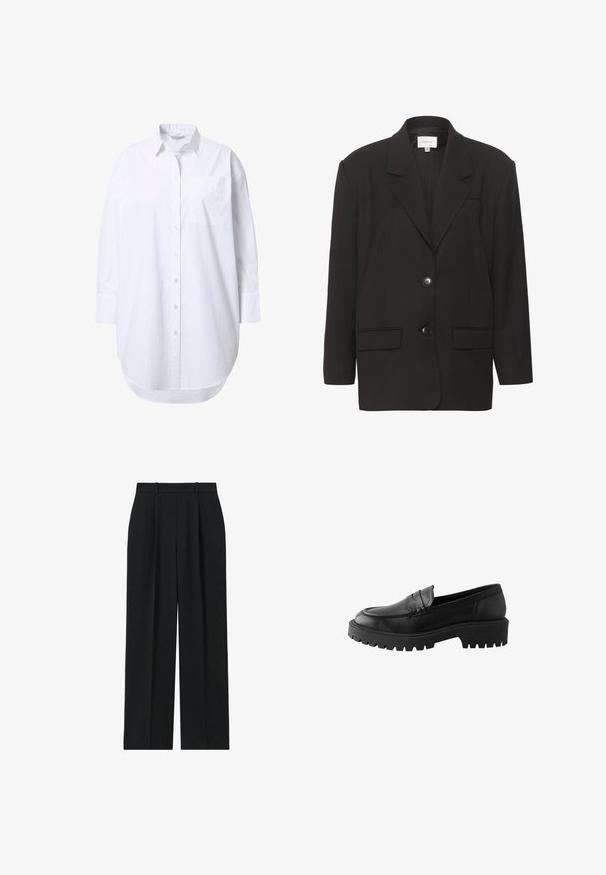 Sort blazer med sbobetter, to forlommer og to knapper. Glat stof med en skræddersyet pasform og strukturerede skuldre.; Overdimensioneret hvid skjorte med lange ærmer, spidst krave, forlommer og let buet nederkant.; Reiss PETITE FIT - EDEN ELASTICATED WAIST WIDE - Bukser - navy; Sort læder loafer med rund tå, hævet sømdetalje og kraftig gummisål med dybe riller for bedre greb.