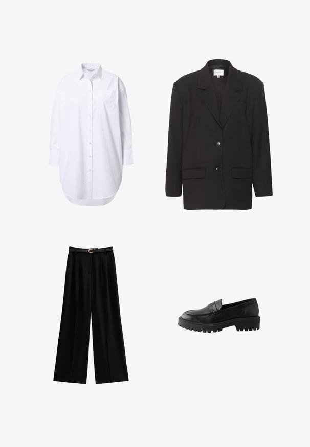 Sort blazer med sbobetter, to forlommer og to knapper. Glat stof med en skræddersyet pasform og strukturerede skuldre.; Overdimensioneret hvid skjorte med lange ærmer, spidst krave, forlommer og let buet nederkant.; Bredde ben sorte bukser lavet af blødt stof, med skarpe folder og et tekstureret sort bælte med en gylden spænde.; Sort læder loafer med rund tå, hævet sømdetalje og kraftig gummisål med dybe riller for bedre greb.