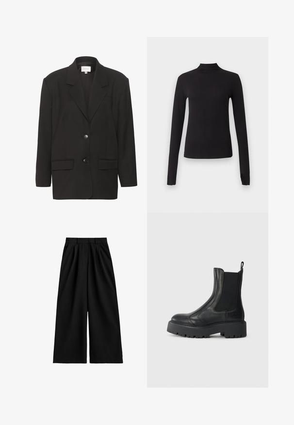 Schwarze Blazer mit Reverskragen, zwei Taschen vorne und zwei Knöpfen. Glattes Material mit taillierter Passform und strukturierten Schultern.; Schwarzes langärmliges, eng anliegendes Oberteil mit Stehkragen, dargestellt auf schlichtem hellgrauem Hintergrund.; Schwarze, weite Hosen mit hoher Taille, Gürtelschlaufen, vorderen Falten und einer sauberen, glatten Stoffoberfläche.; Schwarze Lederknöchelstiefel mit elastischen seitlichen Einsätzen, einer abgerundeten Spitze und einer grob strukturierten Gummisohle. Mit einem Ziehschlaufen an der Rückseite.