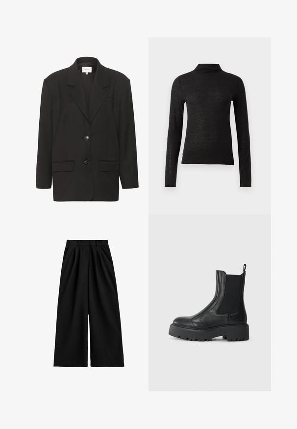 Schwarze Blazer mit Reverskragen, zwei Taschen vorne und zwei Knöpfen. Glattes Material mit taillierter Passform und strukturierten Schultern.; Schwarzes langärmliges Turtleneck-Oberteil aus einem strukturierten Material, mit schlankem Schnitt und minimalistischer Gestaltung ohne sichtbare Muster oder Hardware.; Schwarze, weite Hosen mit hoher Taille, Gürtelschlaufen, vorderen Falten und einer sauberen, glatten Stoffoberfläche.; Schwarze Lederknöchelstiefel mit elastischen seitlichen Einsätzen, einer abgerundeten Spitze und einer grob strukturierten Gummisohle. Mit einem Ziehschlaufen an der Rückseite.