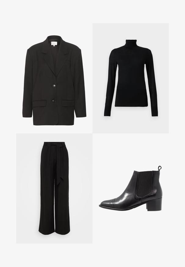 Sort blazer med sbobetter, to forlommer og to knapper. Glat stof med en skræddersyet pasform og strukturerede skuldre.; Sort turtleneck sweater lavet af blødt, letvægtsmateriale. Har lange ærmer og en tætsiddende stil med høj krave.; Sorte bukser med vidde i benene lavet af et glat stof, med høj talje, bindebælte og læg for et skræddersyet look.; Sorte læder ankelstøvler med elastiske sidepaneler, rund tå og tekstureret blokhæl. Har en løkke til at trække i bagpå for nem påtagning.