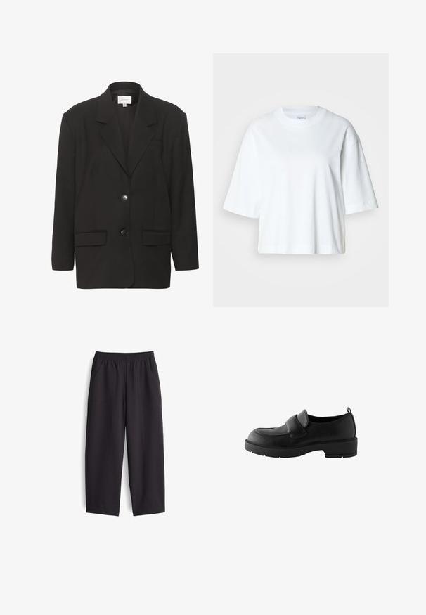 Zwarte blazer met ingezette revers, twee voorzakken en twee knopen. Glad materiaal met een getailleerde pasvorm en gestructureerde schouders.; Witte cropped t-shirt met korte mouwen, ronde hals, gemaakt van zacht katoen, met een eenvoudig en strak ontwerp.; Zwarte, wijde broek gemaakt van een gladde stof. Voorzien van een elastische tailleband en twee zakken aan de zijkant, met zichtbare stikdetails.; Zwarte leren loafers met een ronde neus, voorzien van een voorband en een rubberen zool met textuur voor grip. Inclusief een trekband aan de hiel.