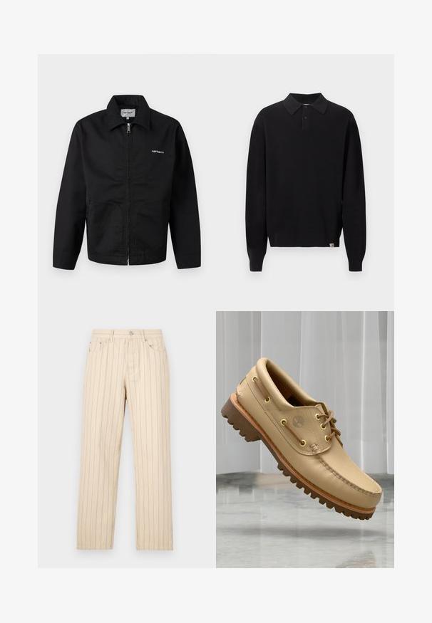 Must musta lukuga jakk kraega, pikkade varrukatega ja valge "Carhartt" logoga rinnal, eksponeeritud ühetaustal.; Mustast pika varrukaga kootud polo-sviiter nööbitava kraega ning soonikkoes mansettide ja äärega, eksponeeritud ühtlasel heledal taustal.; Beežid sirged püksid vertikaalsete triipudega, nupulukuga, vöökummarduse ja küljetaskutega. Kanga pind on sile.; Heled pruun nahast paadiking, millel on paks ja sooneline tald ning nöördetailid, hõljuv marmorist põranda ja valgete vertikaalsete kardinate taustal.