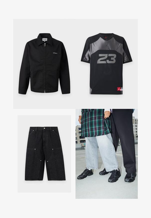 Sort lynlåsjakke med krave, lange ærmer og hvidt "Carhartt"-logo på brystet, vist mod en ensfarvet baggrund.; Sort og gråt sportstrøje med korte ærmer med nummer 23 i grå på fronten og lille rød Jumpman-logo bag på nederste kant.; Sorte denimshorts med forlommer, sølvnitter og bæltestropper, med et subtilt tekstureret mønster.; Sorte atletik sko med mesh- og gummidetaljer. Båret med lysegrå vide jeans og en ternet grøn bluse. Flad overflade i baggrunden.
