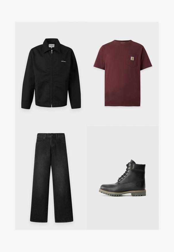 Schwarze Jacke mit Reißverschluss, Kragen, langen Ärmeln und weißem "Carhartt"-Logo auf der Brust, vor neutralem Hintergrund dargestellt.; Dunkelbraunes T-Shirt mit kurzen Ärmeln und Brusttasche mit kleinem Carhartt-Logo-Patch.; Schwarze Jeans aus Denim mit weitem Bein und hoher Taille, fünf Taschen und einem einzelnen vorderen Knopfverschluss. Glatte Textur mit minimalen Details.; Schwarze Leder-Stiefelette mit Schnürdesign, gepolstertem Kragen und strukturiertem Einsatz. Verfügt über eine robuste Sohle und ein geprägtes Logo an der Seite.