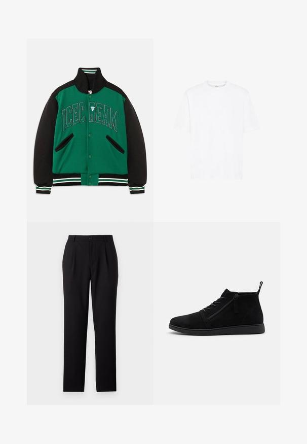 Groene en zwarte varsity jack met ribgebreide kraag en manchetten, geborduurde "ICE CREAM" lettering en zijzakken.; Witte korte mouw t-shirt van katoen. Heeft een ronde hals, een ontspannen pasvorm en geen zichtbare patronen of accenten. Eenvoudig en neutraal ontwerp.; Zwarte broek met een rechte pijpdesign, gemaakt van gladde stof. Kenmerkt zich door voorvouwen en een knoopsluiting aan de taille.; Zwarte suède enkellaarsjes hebben een ronde neus, veters aan de voorkant en een zijrits. De zool is plat met een gestructureerde afwerking voor grip.