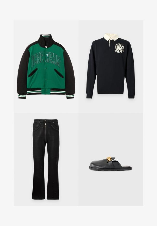 Veste de varsity verte et noire avec col et poignets côtelés, broderie "ICE CREAM" et poches latérales.; Polo noir à manches longues avec un col crème et un motif d'astronaute sur la poitrine gauche. Fabriqué en tissu de coton.; Jean flare noir en denim, avec une fermeture éclair à l'avant, des poches texturées avec des bords effilochés, un tissu lisse et des détails de boutons sur les jambes.; Mule en cuir noir à enfiler avec un détail de bande décorative en or et une semelle en caoutchouc texturée basse sur un fond uni.
