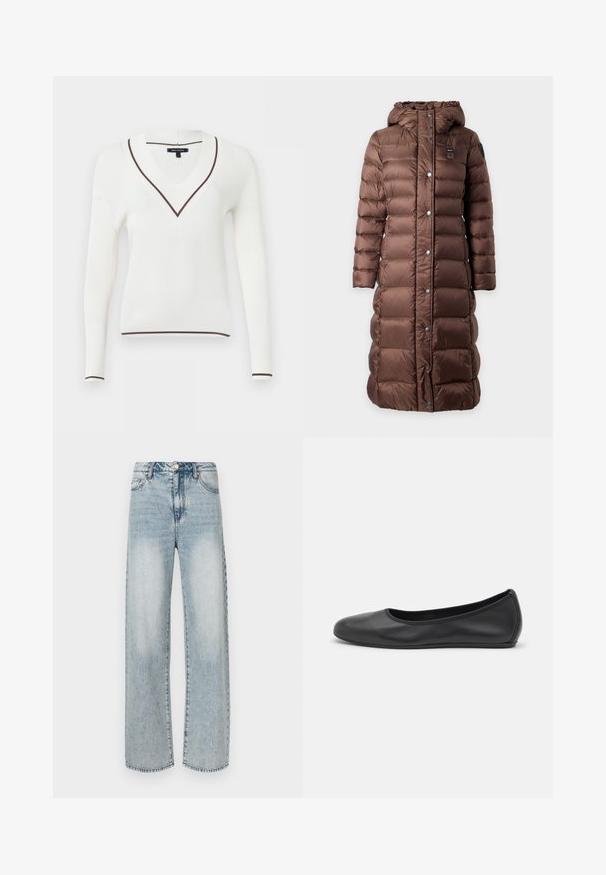 Long manteau d'hiver matelassé marron avec capuche, boutons-pression à l'avant et poches latérales, présenté sur un fond clair uni.; Pull blanc côtelé à manches longues avec encolure en V, bordure marron sur le col, les poignets et l'ourlet, et étiquette Armani Exchange à l'intérieur du col.; Jean large couleur bleu clair en denim, doté d'une taille haute, d'un design à cinq poches, d'une texture délavée et de détails de coutures visibles.; Ballerines en cuir noir avec un bout rond, texture lisse, détails de couture minimalistes et design de semelle flexible.