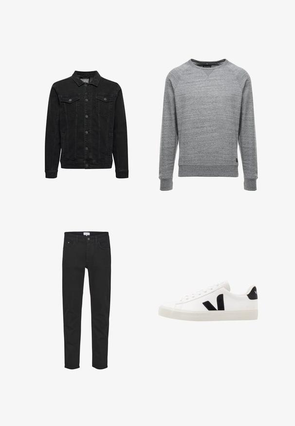 Sort denimjakke med knaplukning foran, to brystlommer med klap og knapper, lange ærmer og klassisk krave.; Grå sweatshirt lavet af blødt stof med en tekstureret overflade, der har rund halsudskæring, lange ærmer og ribbede manchetter og søm.; Sorte denimjeans har fem lommer, lynlås, en slim fit og subtile syninger. Stoffet har en glat tekstur.; Hvide lædersneakers med sorte ruskindsdetaljer; har en gummisål, rund tå og klassisk snørebåndsdesign. Side logo i sort.