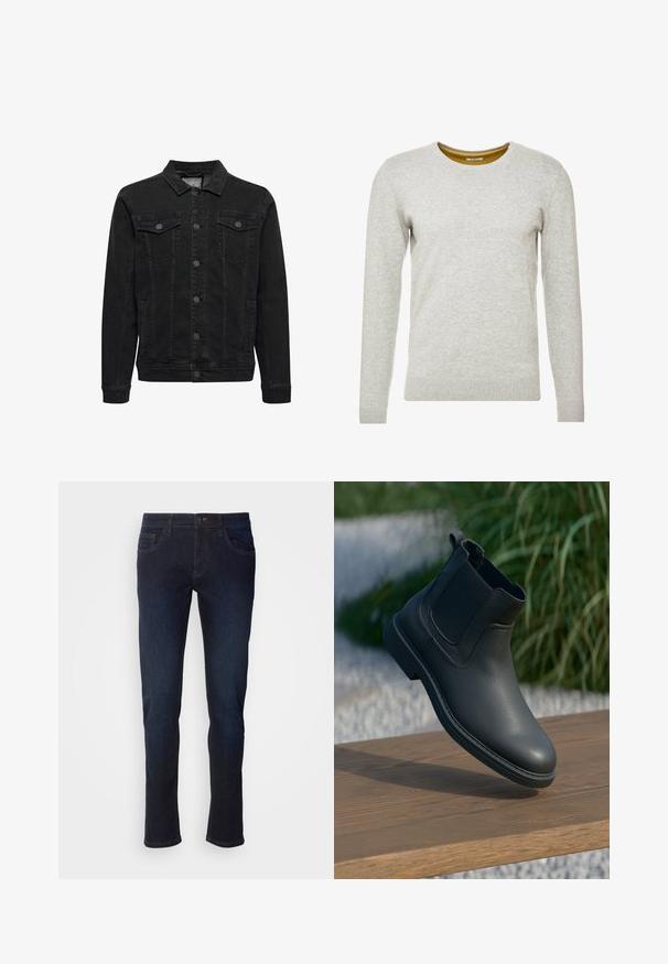 Čierna džínsová bunda so zapínaním na gombíky vpredu, dve náprsné vrecká s klopami a gombíkmi, dlhé rukávy a klasický golier.; TOM TAILOR CREW NECK - Svetrík - light soft grey melange; Tmavo modré džínsy z denimu s rovnými nohavicami, majú predné vrecká, zips a diskrétne švy.; Čierne kožené členkové topánky s elastickými bočnými panelmi, textúrovanými akcentmi a gumovou podrážkou; vystavené na drevenom povrchu s zeleňou.
