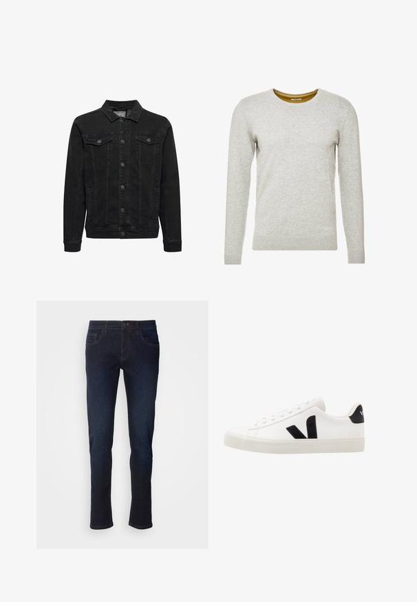 Schwarze Jeansjacke mit Knopfleiste, zwei Brusttaschen mit Klappen und Knöpfen, langen Ärmeln und klassischem Kragen.; TOM TAILOR CREW NECK - Strickpullover - light soft grey melange; Dunkelblaue Jeans aus Denim mit geradem Bein, ausgestattet mit Fronttaschen, einem Reißverschluss und dezenten Nähdetails.; Weiße Leder-Sneaker mit schwarzen Wildlederelementen; verfügen über eine Gummisohle, eine runde Spitze und ein klassisches Schnürdesign. Seitliches Logo in Schwarz.