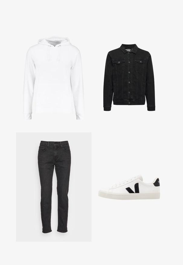 Veste en jean noire avec fermeture à boutons devant, deux poches poitrine à rabat boutonné, manches longues et col classique.; Haut à capuche blanc en matériau doux, comprenant une poche kangourou, des cordons au niveau du cou, et des poignets et un ourlet côtelés. Texture lisse.; Jean en denim noir avec une coupe ajustée, comportant cinq poches, des passants de ceinture et des détails de couture subtils. Texture usée sur le tissu.; Sneaker blanche en cuir avec des accents en daim noir ; dispose d'une semelle en caoutchouc, d'un bout rond et d'un design classique à lacets. Logo latéral en noir.