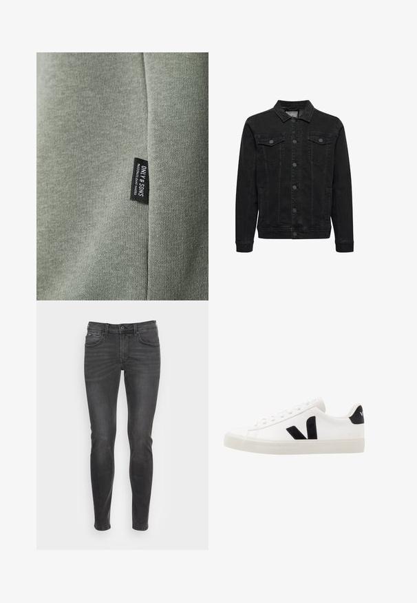 Sort denimjakke med knaplukning foran, to brystlommer med klap og knapper, lange ærmer og klassisk krave.; Lys grøn stof med en glat tekstur, der har et sort mærke med teksten "ONLY & SONS." Stoffet viser fine strikkemønstre.; Slim-fit sorte jeans med en glat struktur, der har et klassisk fem-lomme design og en subtil falmning fortil.; Hvide lædersneakers med sorte ruskindsdetaljer; har en gummisål, rund tå og klassisk snørebåndsdesign. Side logo i sort.