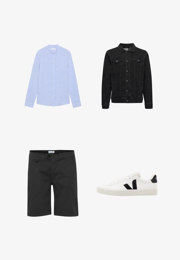 Veste en jean noire avec fermeture à boutons devant, deux poches poitrine à rabat boutonné, manches longues et col classique.; Chemise à manches longues bleu clair avec col montant, bouton sur le devant, et tissu texturé. Présente des boutons bleu clair et un ourlet droit.; Short noir décontracté avec fermeture à bouton devant, passants de ceinture et une petite poche boutonnée sur le côté droit.; Sneaker blanche en cuir avec des accents en daim noir ; dispose d'une semelle en caoutchouc, d'un bout rond et d'un design classique à lacets. Logo latéral en noir.
