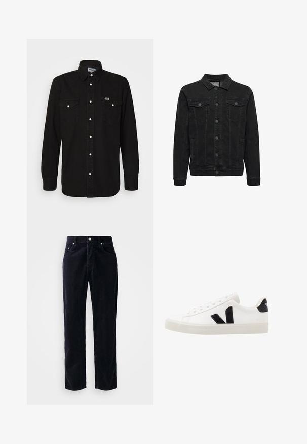 Schwarze Jeansjacke mit Knopfleiste, zwei Brusttaschen mit Klappen und Knöpfen, langen Ärmeln und klassischem Kragen.; Schwarzes Button-Up-Hemd mit spitzem Kragen, zwei Brusttaschen, weißen Druckknöpfen und strukturiertem Stoff. Wrangler-Logo auf der linken Brust.; Marineblaues Cordhosen mit geradem Schnitt, fünf Taschen und Knopfverschluss. Verfügt über vertikalen, gerippten Stoff und metallische Akzentuierungen.; Weiße Leder-Sneaker mit schwarzen Wildlederelementen; verfügen über eine Gummisohle, eine runde Spitze und ein klassisches Schnürdesign. Seitliches Logo in Schwarz.