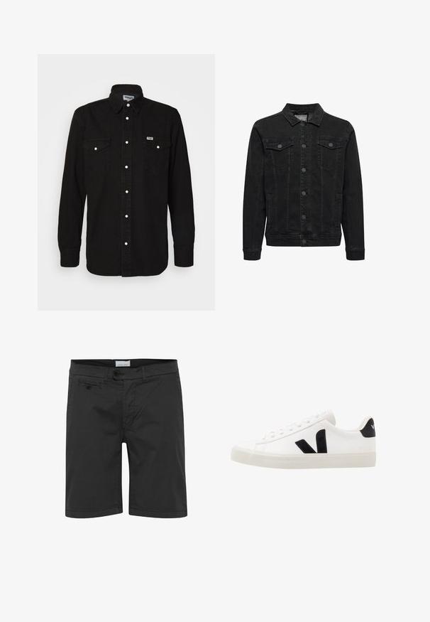Sort denimjakke med knaplukning foran, to brystlommer med klap og knapper, lange ærmer og klassisk krave.; Sort skjorte med knapper og spidse krave, to brystlommer, hvide trykknapper og tekstureret stof. Wrangler-logo på venstre bryst.; Sort, afslappede shorts med frontknaplukning, bæltestropper og en lille lomme med knap i højre side.; Hvide lædersneakers med sorte ruskindsdetaljer; har en gummisål, rund tå og klassisk snørebåndsdesign. Side logo i sort.