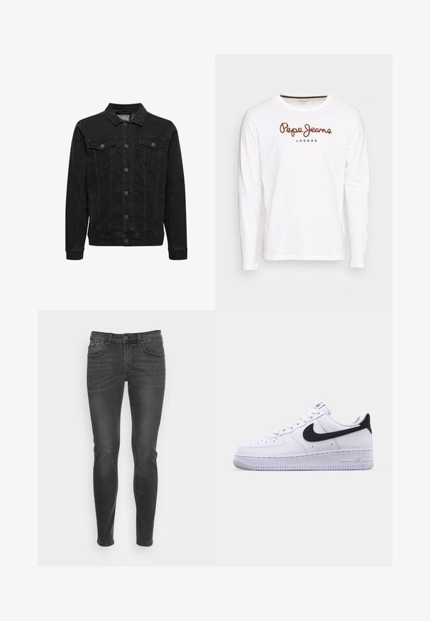 Sort denimjakke med knaplukning foran, to brystlommer med klap og knapper, lange ærmer og klassisk krave.; Langærmet hvid T-shirt lavet af bomuld, med et brunt "Pepe Jeans" logo og "LONDON" tekst centreret på brystet.; Slim-fit sorte jeans med en glat struktur, der har et klassisk fem-lomme design og en subtil falmning fortil.; Hvide lædersneakers med en struktureret sort Swoosh, flade snørebånd og en gummisål med et rillemønster. "AIR" er præget på hælen.