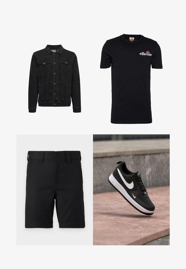 Sort denimjakke med knaplukning foran, to brystlommer med klap og knapper, lange ærmer og klassisk krave.; Sort kortærmet t-shirt lavet af bomuld. Har en rund halsudskæring og et broderet "ellesse" logo med rød og orange accent.; Sorte knælange shorts med bæltestropper og forlommer, lavet af robust stof, vist på en hvid baggrund.; Sort-hvid Nike Air Force 1 sneaker svævende over en lyserød betonflade med en grå stenbaggrund.