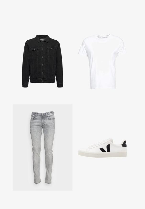 Sort denimjakke med knaplukning foran, to brystlommer med klap og knapper, lange ærmer og klassisk krave.; Hvid bomulds t-shirt med rund halsudskæring og korte ærmer, i en klassisk pasform og glat tekstur. Ingen mønstre eller hardware synlige.; Smal passform grå denim jeans med fem lommer, en knaplukning og kontraststing. Stoffet har et let falmet og struktureret udseende.; Hvide lædersneakers med sorte ruskindsdetaljer; har en gummisål, rund tå og klassisk snørebåndsdesign. Side logo i sort.
