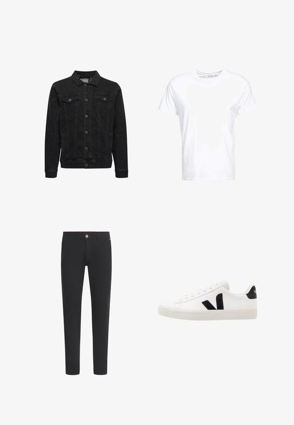 Sort denimjakke med knaplukning foran, to brystlommer med klap og knapper, lange ærmer og klassisk krave.; Hvid bomulds t-shirt med rund halsudskæring og korte ærmer, i en klassisk pasform og glat tekstur. Ingen mønstre eller hardware synlige.; Sorte chinos lavet af blanding af bomuld, med et slim fit design, knaplukning, bæltestropper og sidelommer. Glat tekstur hele vejen igennem.; Hvide lædersneakers med sorte ruskindsdetaljer; har en gummisål, rund tå og klassisk snørebåndsdesign. Side logo i sort.