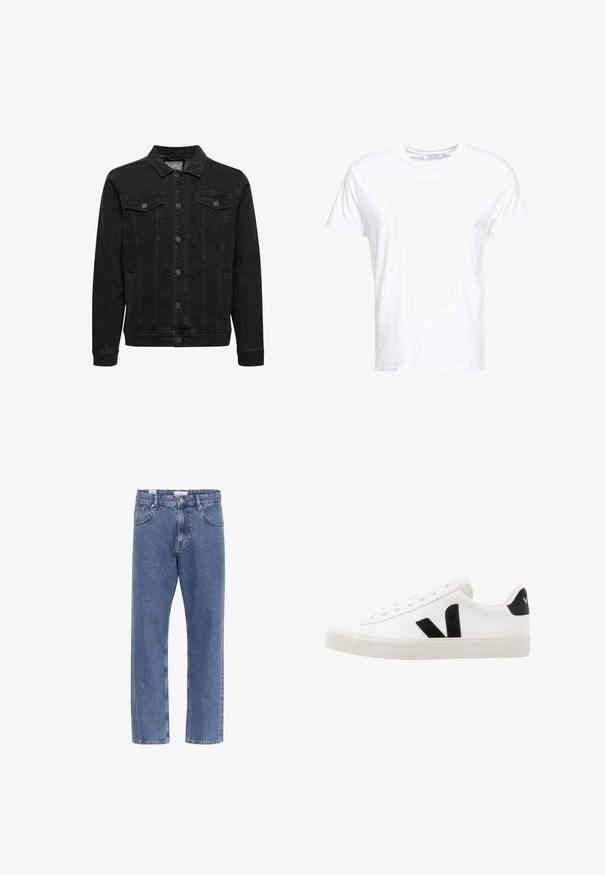 Schwarze Jeansjacke mit Knopfleiste, zwei Brusttaschen mit Klappen und Knöpfen, langen Ärmeln und klassischem Kragen.; Weißes Baumwoll-T-Shirt mit rundem Ausschnitt und kurzen Ärmeln, im klassischen Schnitt und mit glatter Textur. Keine sichtbaren Muster oder Hardware.; Hellblaue Jeans aus Denim mit geradem Bein, fünf Taschen und einem Bund mit einem Etikett. Glatte Textur mit klassischer Naht.; Weiße Leder-Sneaker mit schwarzen Wildlederelementen; verfügen über eine Gummisohle, eine runde Spitze und ein klassisches Schnürdesign. Seitliches Logo in Schwarz.