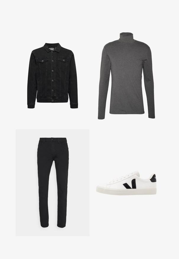 Zwarte spijkerjas met knoopsluiting aan de voorkant, twee borstzakken met klep en knoop, lange mouwen en een klassieke kraag.; Grijze longsleeve turtleneck shirt van zachte stof, met een slim-fit ontwerp en minimale stiksels rond de hals en manchetten.; Zwarte, slim-fit jeans gemaakt van een katoenmix. Voorzien van een knoopsluiting aan de voorkant, een vijf-pocket ontwerp en een soepele textuur.; Witte leren sneaker met zwarte suède accenten; voorzien van een rubberen zool, ronde neus en een klassieke vetersluiting. Zijkant met logo in het zwart.
