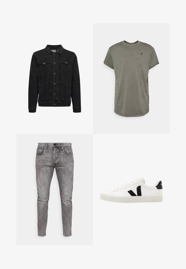 Chaqueta vaquera negra con cierre de botones en la parte delantera, dos bolsillos con solapa y botón en el pecho, mangas largas y cuello clásico.; G-STAR LASH - Camiseta básica - GREY; Jeans de mezclilla gris con un ajuste slim, que cuentan con bolsillos frontales, un cierre de botón metálico y un desgastado sutil en toda la tela.; Zapatilla de cuero blanca con acentos de ante negro; presenta una suela de goma, puntera redonda y un diseño clásico de cordones. Logo lateral en negro.
