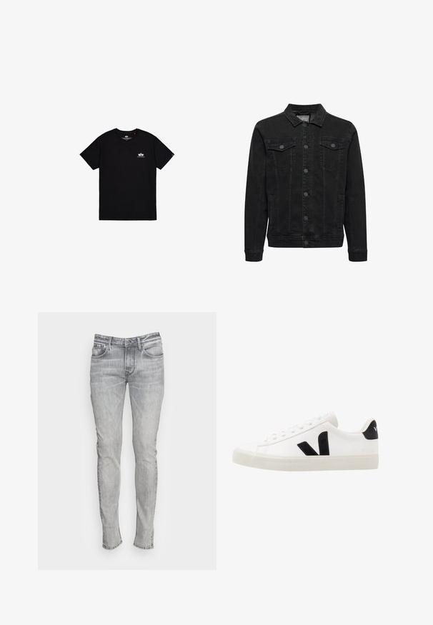 Veste en jean noire avec fermeture à boutons devant, deux poches poitrine à rabat boutonné, manches longues et col classique.; T-shirt noir à manches courtes en coton. Présente un petit logo blanc sur la poitrine gauche et une étiquette sur la couture latérale. Design simple.; Jean en denim gris ajusté avec cinq poches, une braguette à boutons et des coutures contrastées. Le tissu a un aspect légèrement délavé et texturé.; Sneaker blanche en cuir avec des accents en daim noir ; dispose d'une semelle en caoutchouc, d'un bout rond et d'un design classique à lacets. Logo latéral en noir.