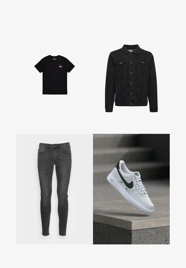 Black denim jacket with button front, two chest flap pockets with buttons, long sleeves, and a classic collar.; Black short-sleeve T-shirt made of cotton. Features a small white logo on the left chest and a tag on the side seam. Simple design.; Slim-fit black jeans with a smooth texture, featuring a classic five-pocket design and subtle fading along the front.; White Nike Air Force 1 sneaker with black swoosh logo, floating above a concrete ledge with blurred stairs in the background.